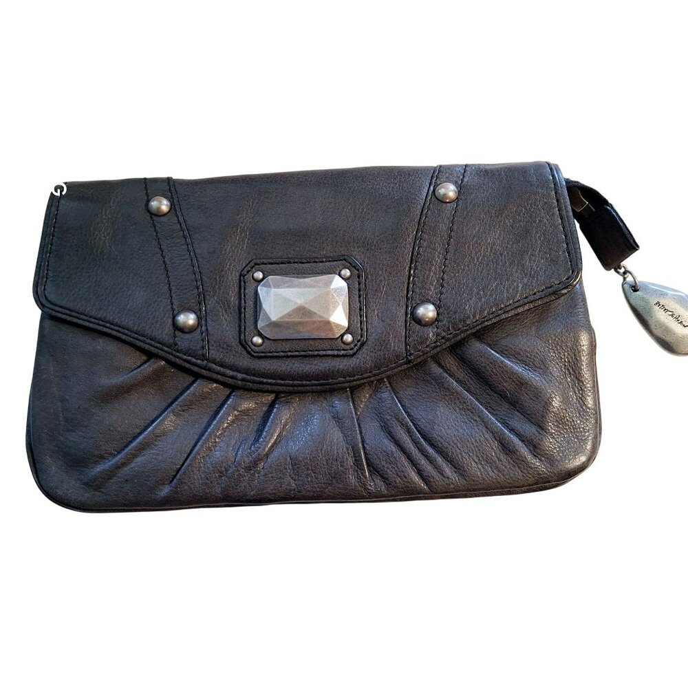 Betsey Johnson Black Faux Leather Clutch Purse With Metal Accent & Quilted Satin